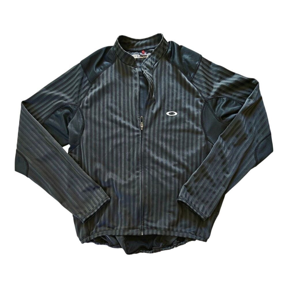 Oakley Mens L Black Stripe Cycle Bike Shirt Full Zip Pockets